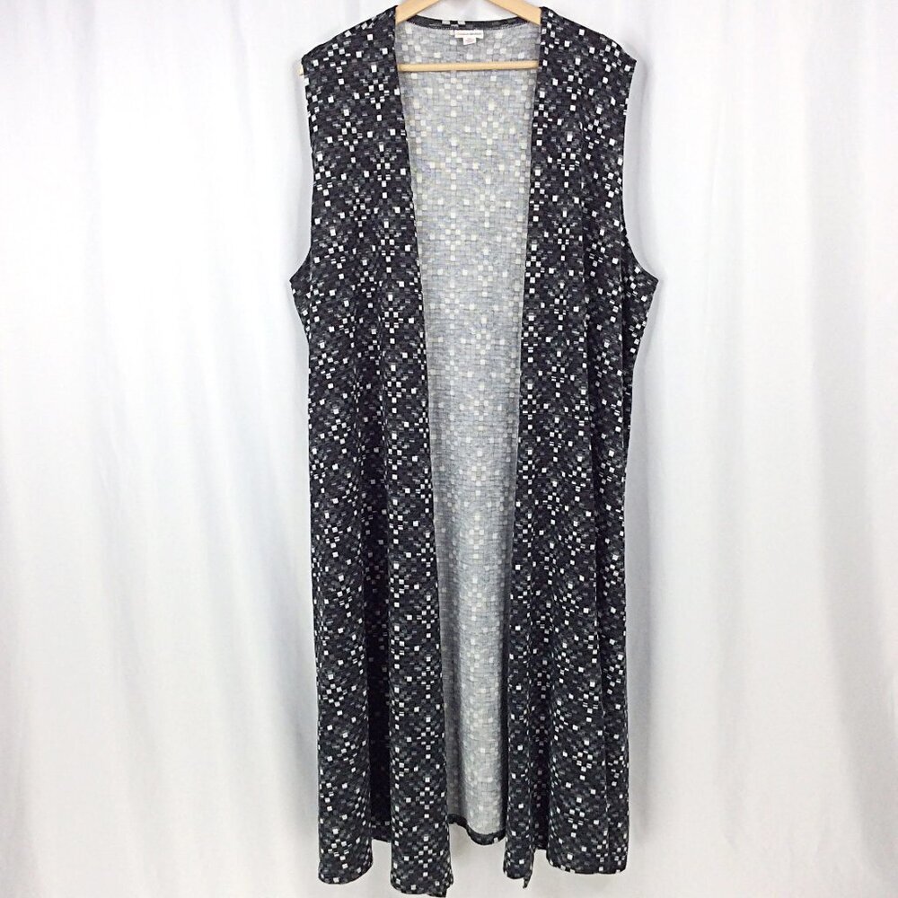 LuLaRoe Joy Duster‎ Cardigan Sweater Vest Womens XL Black Geometric Sleeveless